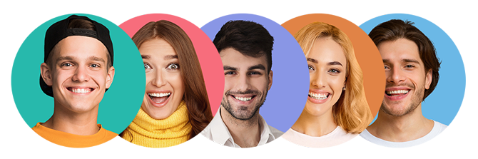 Personas sonrientes en distintos fondos circulares de colores